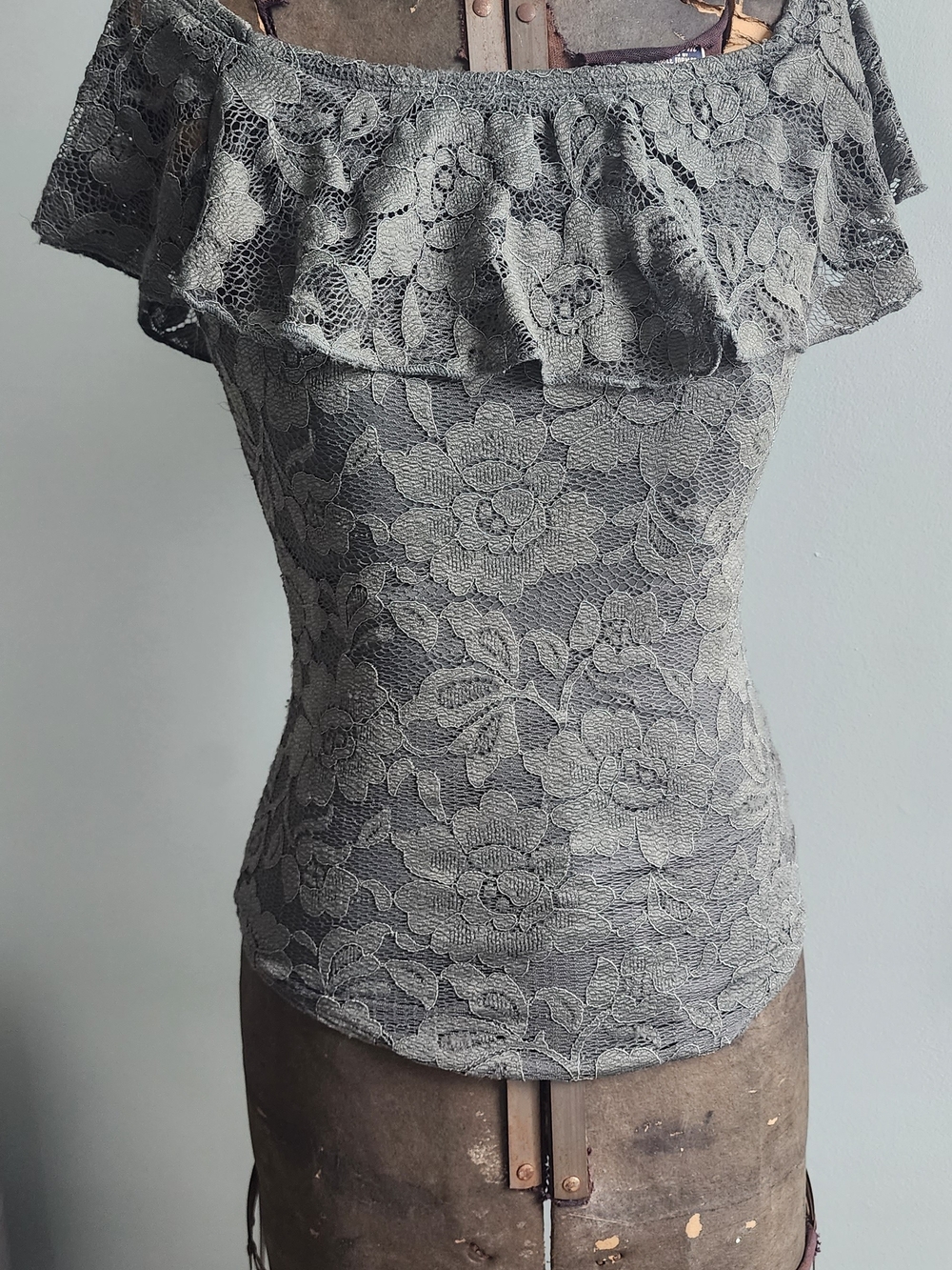 Express Gray Lace Off-Shoulder Ruffle Bodysuit